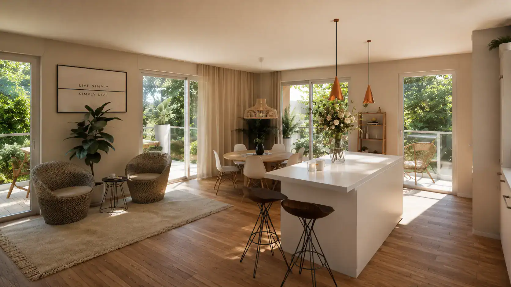 Luminosité naturelle dans un salon moderne avec espace repas et vue sur jardin.