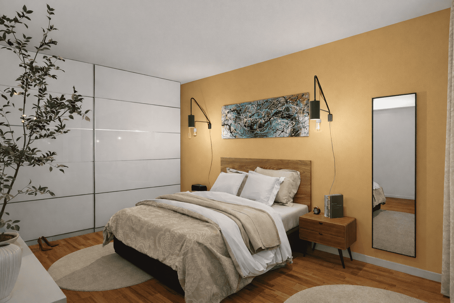 Chambre moderne avec mur jaune, grand miroir et décoration artistique, ambiance chaleureuse et éléga.