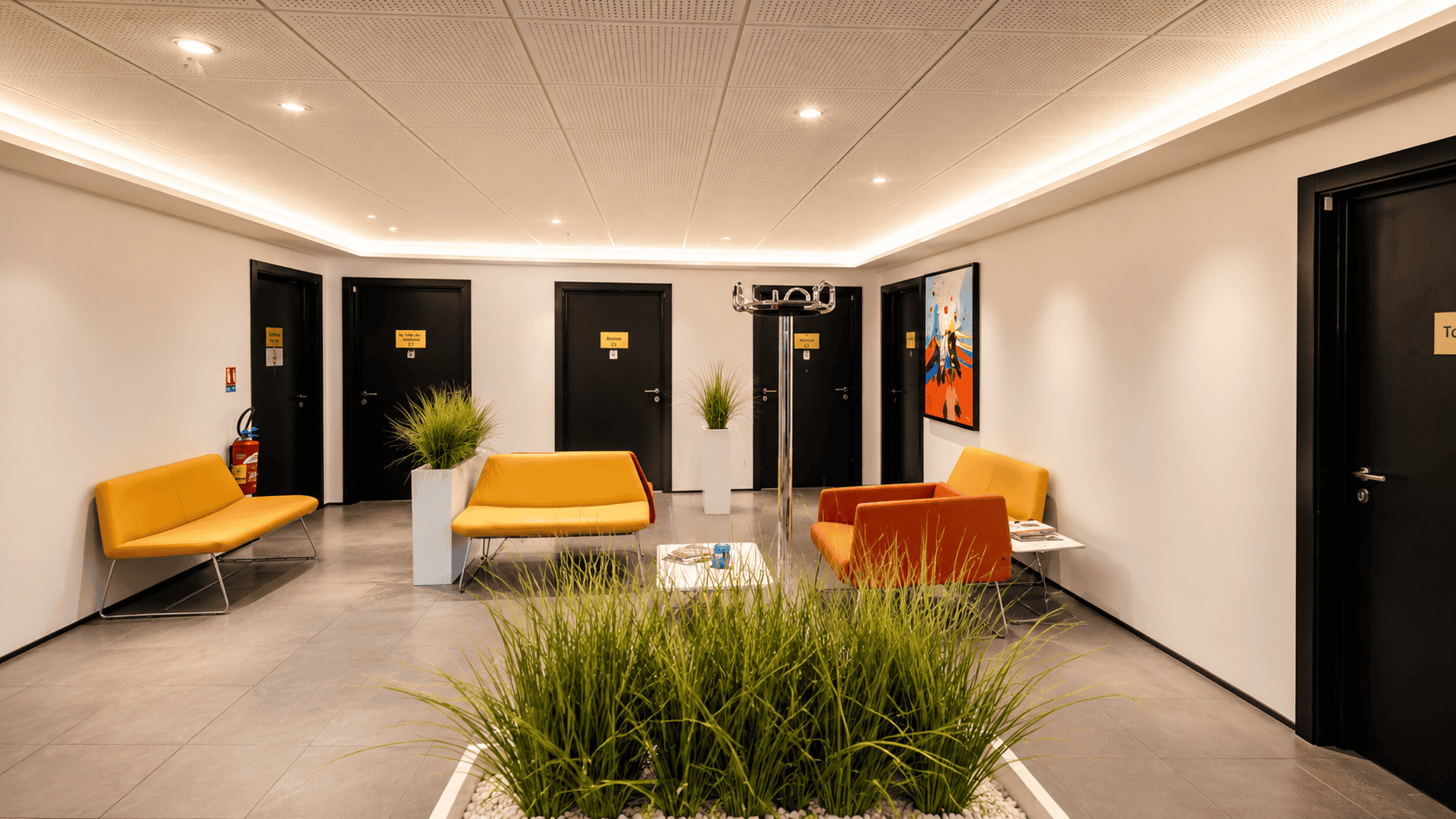 Salle d'attente intérieure avec canapés orange et plantes vertes, ambiance chaleureuse et contempora.